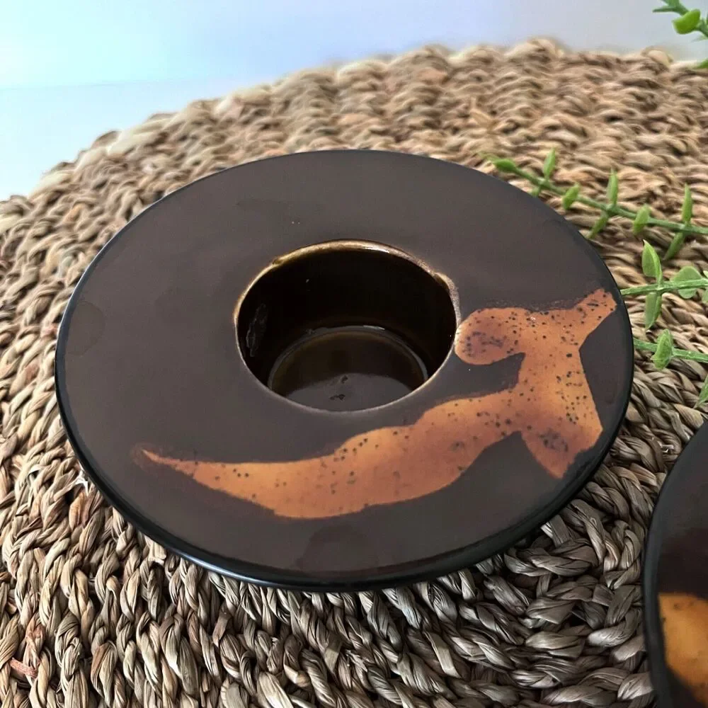 (2) Pier 1 Votive Candle Holder Handpainted Organic Abstract Asian Brown Leaves
